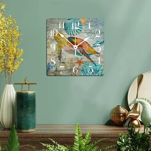 Vista 5 de Reloj de pared vintage para decoración de playa, relojes de madera costeros con cita de playa, reloj cuadrado sin tictac, funciona con pilas, reloj