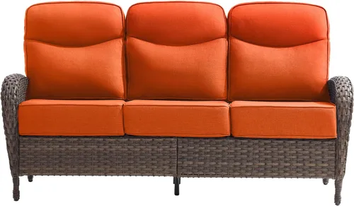 Vista 8 de Sofá de lujo para patio, sofá de mimbre para exteriores con cojines sonrientes de 6 pulgadas, respaldo alto, resistente, cómodo, mimbre marrón