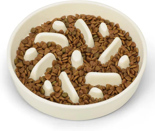Vista 2 de Cuenco de cerámica para perros de alimentación lenta, 2 tazas de plato de Laberinto - Blanco