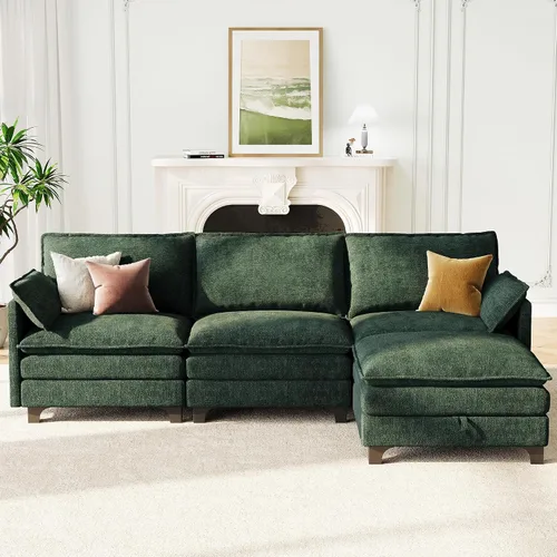Vista 5 de Sofá modular moderno en forma de L de 106 pulgadas, sofá nube de felpilla con otomana de almacenamiento, sofás de asiento profundo con bolsillo Verde