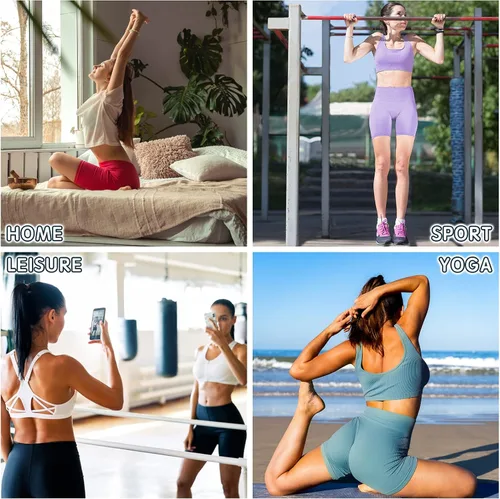 Vista 5 de KOWTIGER Pantalones cortos de yoga para mujer, cintura alta, con bolsillos, elásticos, para ciclismo, correr, deporte, entrenamiento, gimnasio