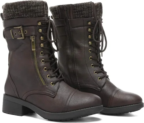 Vista 3 de DREAM PAIRS Botas militares de invierno con cordones a media pantorrilla para mujer