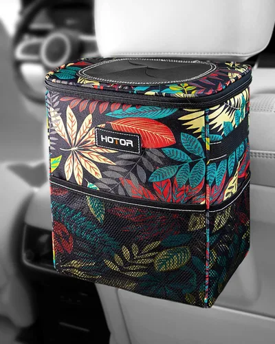 Vista 11 de HOTOR - Organizador de auto con tapa y bolsillos de almacenamiento, 100 % a prueba de fugas, resistente al agua, cubo de basura para autos Negro