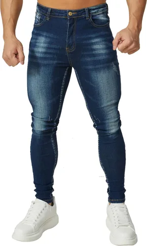 Vista 2 de HUNGSON Men's Blue Slim Fit Jeans Stretch Destroyed Ripped Skinny Jeans Side Striped Denim Pants