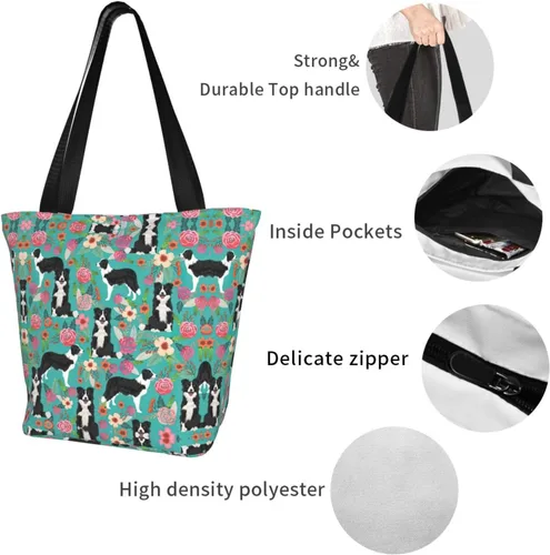 Vista 7 de Azul Rosa Y Púrpura Colores Pastel Impresión Hombro Tote Bolso De Gran Tamaño Bolso De Las Mujeres Bolso De Compras Para Las Mujeres, Border Collie