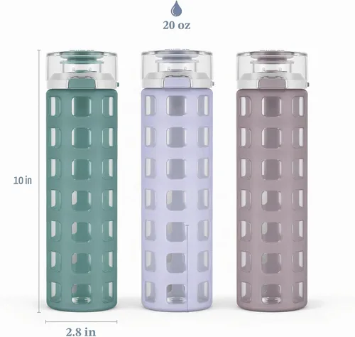 Vista 3 de Ello Syndicate - Botella de agua de vidrio reutilizable de 20 onzas con tapa abatible a prueba de fugas de un solo toque, funda protectora