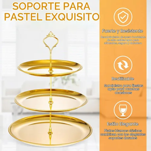 Vista 4 de Yaomiao Juego de 2 bandejas doradas de 3 niveles para servir con base de acero inoxidable para cupcakes, soporte para mesa de postre, juego