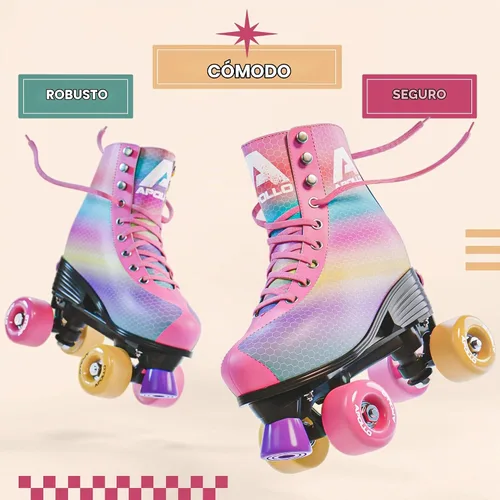 Vista 3 de APOLLO Patines de ruedas – Patines retro para niñas y mujeres – Patines cuádruples ajustables con tacón alto – Disco Quads Reina bailando