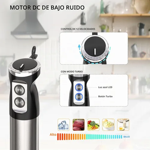 Vista 3 de Batidora de inmersión de mano, mezclador de mano 5 en 1 eléctrico de mano para cocina, batidora de emulsión de mano con cable con vaso