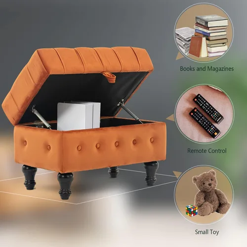 Vista 9 de Mesa de Centro Otomana de Almacenamiento Rectangular, Reposapiés Otomana de Dormitorio con Tapicería de Terciopelo Abotonado Capitoné para Sala