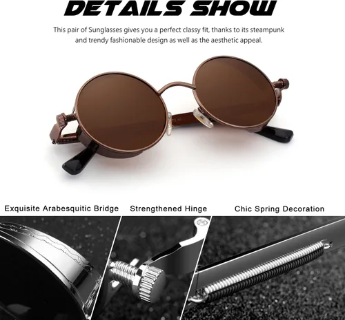 Vista 25 de CGID Retro Steampunk Round Polarized Sunglasses Men Womens Metal Circle Frame UV400 Protection E72
