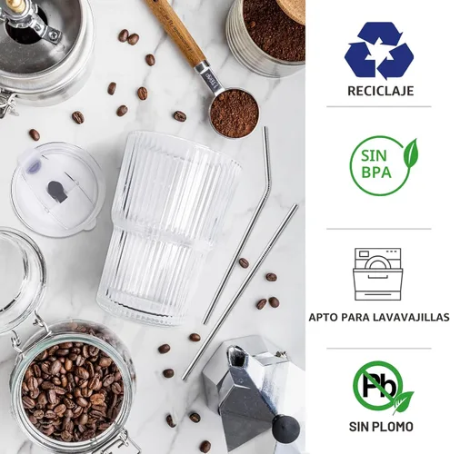 Vista 2 de HIGIINC Tazas de café helado con tapas y pajitas 2 piezas, juego de 16 OZ de vasos irrompibles para beber, vasos de plástico transparente