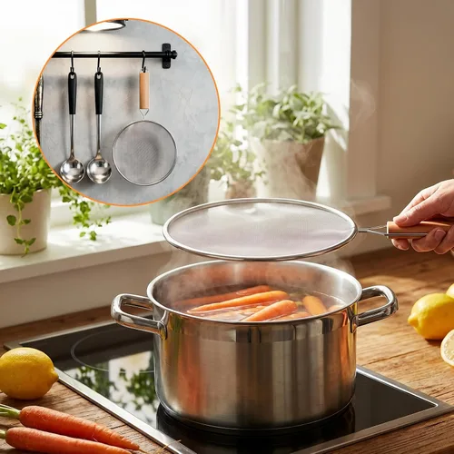 Vista 6 de Pantalla contra salpicaduras de grasa para sartén, malla de protección contra salpicaduras de acero inoxidable de 8 pulgadas con mango de madera