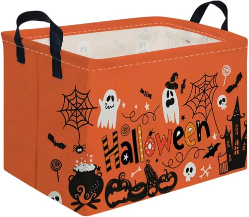 Vista 8 de Cesta rectangular de Halloween para gatos, cestas vacías de Halloween, cesta de truco o trato para niños y niñas, cestas de estantería, papelera
