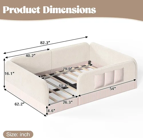 Vista 2 de Queen Teddy Floor Bed with Safety Rails Storage Pocket，Beige- Q：Queen
