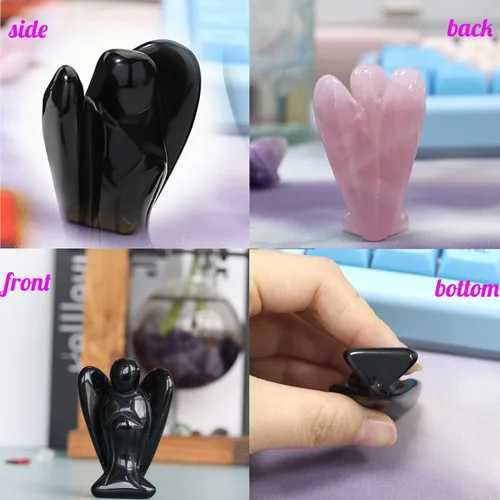 Vista 4 de YATOJUZI Estatua de ángel de obsidiana negra de 5 cm decorativa con cristales curativos de Reiki, piedra natural pulida tallada a mano, figuritas