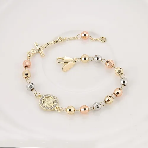 Vista 4 de HZMAN Pulsera de cruz con cuentas de rosario virgen de Guadalupe ajustable para mujer, regalo de joyería Cruz de Jesús y María