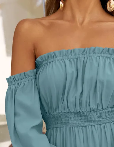 Vista 141 de ZESICA - Vestido largo, bohemio y sexy, con hombros descubiertos y manga larga fruncida, con elástico fruncido, cintura alta y abertura lateral