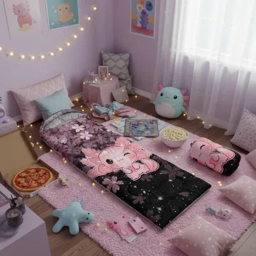 Vista 2 de QOOMO Axolotl - Lindos sacos de dormir para campamento, 3 estaciones, clima cálido y fresco, ligeros, impermeables, para adultos y niños, viajes