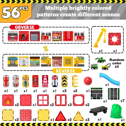 Vista 7 de Juego de camiones de bomberos con azulejos magnéticos, bloques magnéticos