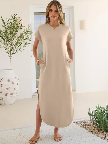 Vista 3 de ANRABESS Vestido largo de verano para mujer, casual, manga corta, suelto, dividido, sin arrugas, playa, vacaciones, vestido largo con bolsillos