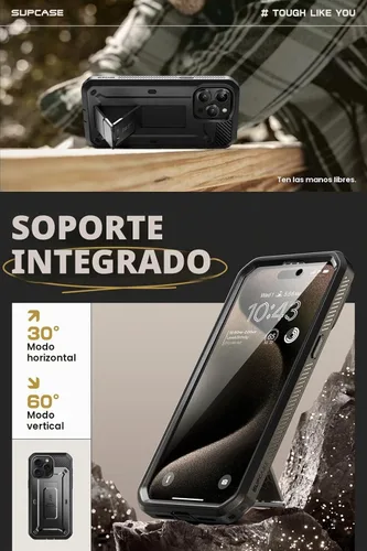 Vista 4 de SUPCASE - Funda para iPhone 15 Pro con soporte y protector de pantalla, color negro Detachable Belt Clip, Military-Grade Protection, Full Body