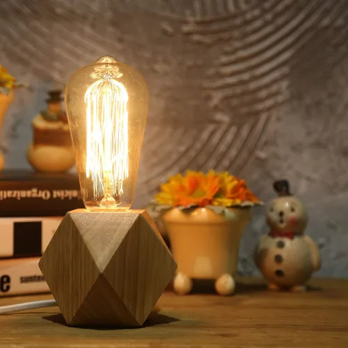 Vista 2 de Lámpara de mesa pequeña de madera, lámpara de noche con base de madera de diamante E26 60 W, luz nocturna industrial boho deco para dormitorio, sala