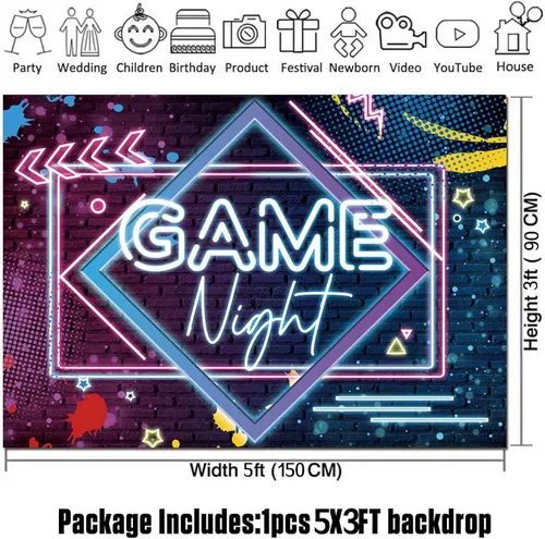 Vista 5 de Fondos de fotografía con temática de noche de juegos, fondo de fotos de neón brillante, 5 x 3 pies, para juegos en fiestas de cumpleaños, pijamadas