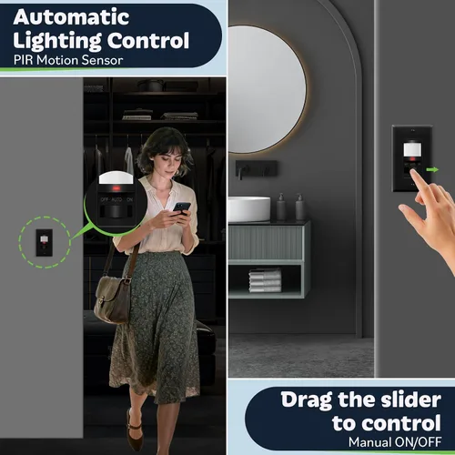 Vista 7 de TOPGREENER Interruptor de luz con sensor de movimiento PIR de ocupación/vacante, función de aprendizaje, no neutro no requiere tierra, 200 W