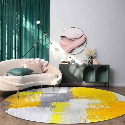 Vista 3 de Libaoge Alfombra redonda amarilla de 3 pies para cuarto de bebé, alfombra abstracta moderna y contemporánea, alfombra de yoga para niños y niñas