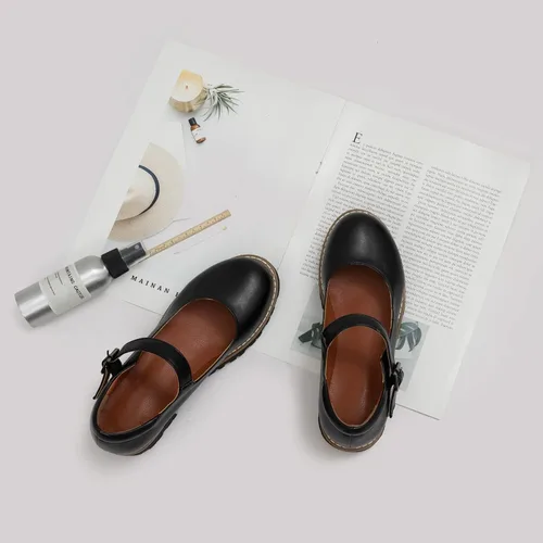 Vista 7 de Zapatos Oxford Mary Janes de cuero para mujer, zapatos planos gruesos y bajos de plataforma de costura retro clásicos con correa de tobillo