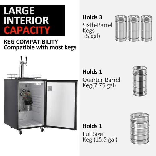 Vista 6 de Kegerator y enfriador de cerveza de barril, dispensador de cerveza de doble grifo, refrigerador de barril de tamaño completo con estantes, acero