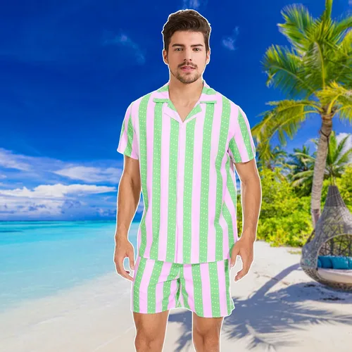 Vista 5 de Disfraz de Ken para adulto, Ken Cosplay Casual Playa a juego, camisa y pantalón corto a rayas para hombre, para fiesta de Halloween