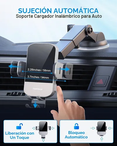 Vista 4 de Cargador de Coche Inalámbrico, Carga Rápida de 15W, Cargador de Coche con Abrazadera Automática, Soporte para Teléfono Compatible con iPhone 15 14
