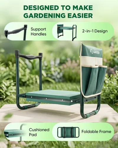 Vista 9 de Saker Taburete de jardín con soporte resistente de 400 libras, asiento de jardín plegable para plantar malezas, prácticos accesorios de jardinería