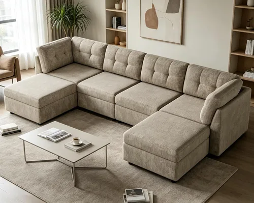 Vista 11 de VANOMi Sectional L-Shaped Sofa for Living Room, Modualr Sofa Couch, Beige