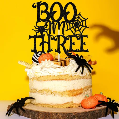 Vista 6 de Decoración negra con purpurina «I'm Three Cake Top», feliz 3er cumpleaños/Baby Boo, decoración de fiesta de baby shower con temática de Halloween