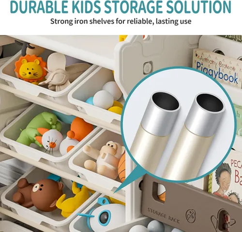 Vista 9 de UNICOO Organizador de almacenamiento de juguetes para niños con estantería, organizador de sala de juegos de 14 cubos y estantería, estante de Marrón