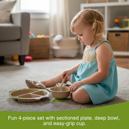 Vista 2 de Refresh-A-Baby Juego de alimentación ecológico de cáscara de arroz para niños, 4 piezas, incluye plato dividido, ventosa, cuchara, taza, sin BPA