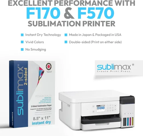 Vista 5 de Papel de sublimación 8.5 x 11 – Paquete de 110 hojas, secado instantáneo (sin manchas) – Compatible con Epson F170/F570, Sawgrass SG500/SG1000