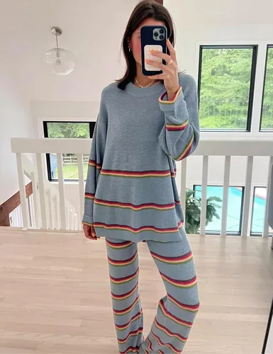 Vista 3 de Aedceal Conjunto de suéter marinero para mujer, suéter de punto a rayas, pantalones largos, pijamas para descansar