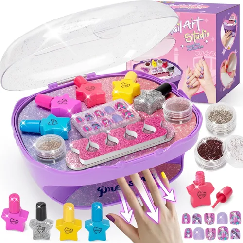 Vista 7 de Juego de esmaltes de uñas para niñas, juguetes para niñas de 5, 6, 7, 8, 9, 10, kit de cuidado de uñas con esmalte de uñas, secador de uñas, uñas