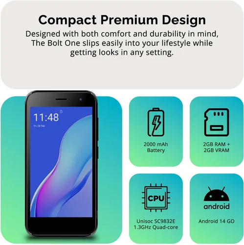 Vista 10 de Bolt 1 Dual SIM Smartphone desbloqueado Android 14 (Go Edition) Batería de 2 días Pantalla FWVGA de 5.0 pulgadas 2 GB de RAM