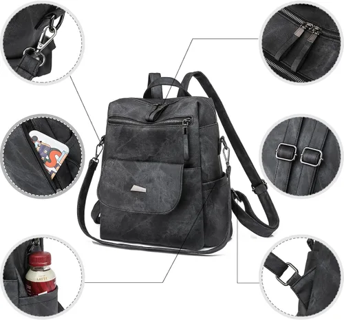 Vista 5 de Mochila para mujer, mochila de piel sintética, mochila antirrobo, mochila antirrobo de viaje, multiusos, ligera, impermeable, convertible, bolsa