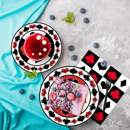 Vista 4 de Kit de suministros de fiesta de casino para 24 invitados, 97 piezas, incluyendo platos, tenedores, servilletas, banderines, ideal para noches