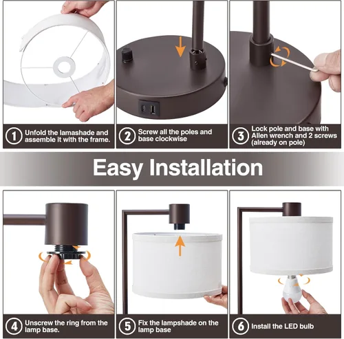 Vista 6 de Luvkczc Lámpara de Mesa para Dormitorio Juego de 2 con Puertos USB C+A - Lámpara de Noche Totalmente Regulable Sin Escalones con Pantalla de Lino
