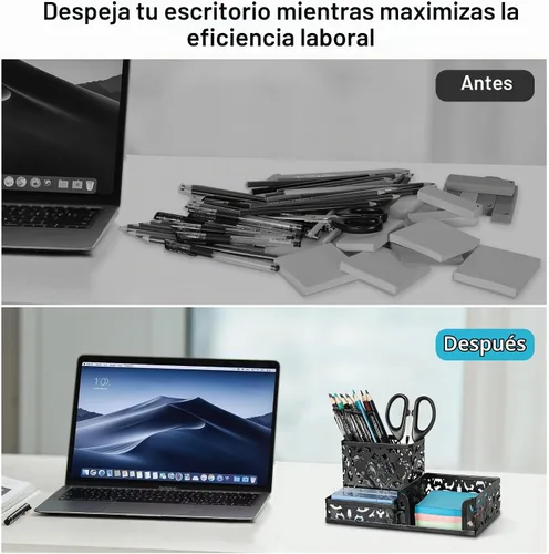 Vista 6 de Organizador para escritorio de oficina, de EasyPag, con 3 compartimentos, con diseño calado de flores, Negro