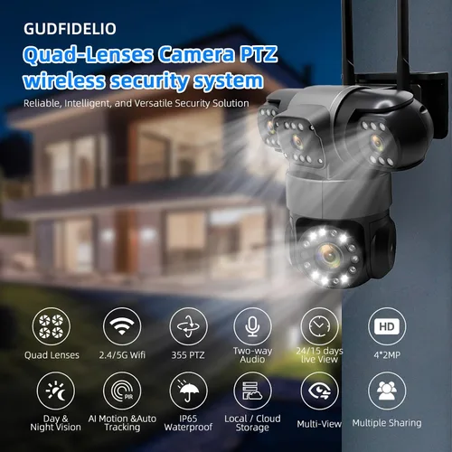 Vista 6 de Cámara de seguridad inalámbrica de 4 lentes al aire libre, imagen HD 2K PTZ 360° de vigilancia, visión nocturna a color, conexión WiFi, detección