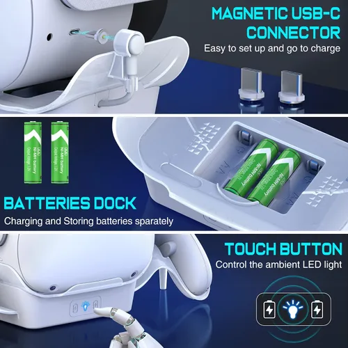 Vista 6 de Base de carga VR para Oculus Quest 2, pantalla de auriculares mejorada con luz LED, soporte de carga rápida, accesorios de montaje para controlador
