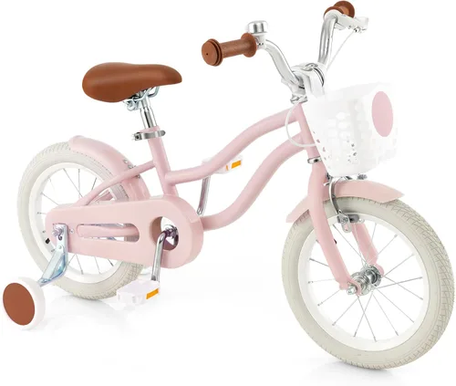 Vista 13 de HONEY JOY Bicicleta para niños de 12, 14, 16, 18, 20 pulgadas, con ruedas de entrenamiento, freno de mano y freno de posavasos, cadena totalmente